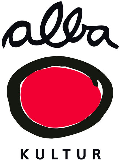 Alba Kultur logo - handwritten 'alba' over a rough, drawn red circle (like a red nose) with KULTUR typed neatly beneath.