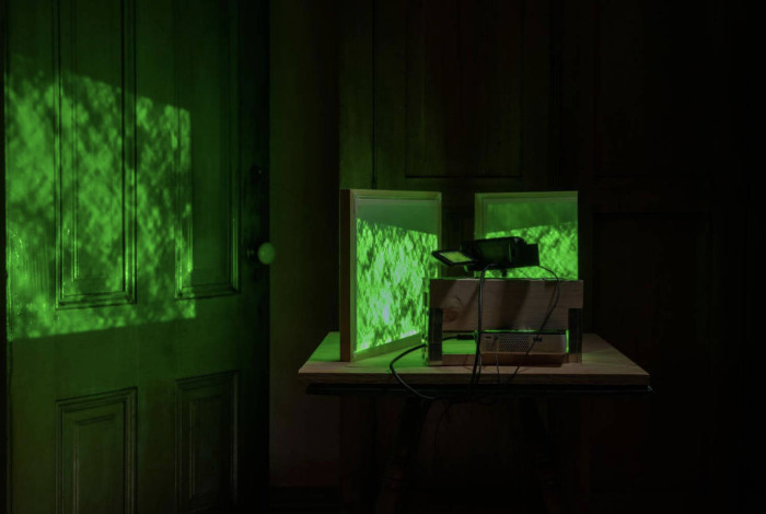 A projector casts blocks of emerald green light on arranged wooden panels and the wall - Tokyo and NY-based artist duo Zakkubalan installation at 500 Capp Street in 2021-2022.