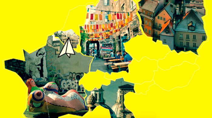 Promo image for Culture Backstage - a partial European map where the shapes of the countries are filled in with various urban outdoor photos.