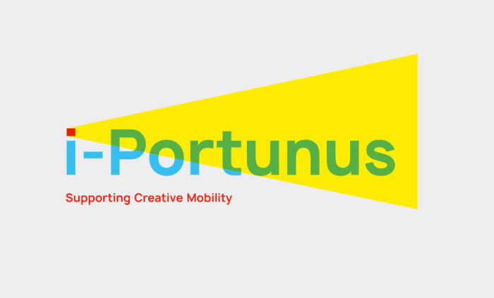 Logo for i-Portunus. Spells out the name and then the dot on the i is the lens of a lighthouse, projecting a bright yellow cone.