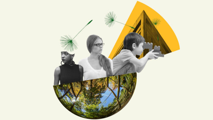 Composite image combining a forest environment and a built environment into a sort of opening globe, from which 3 people are emerging.