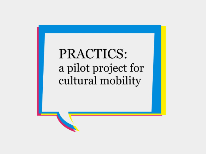 A colourful speech bubble, with text inside: 'PRACTICS: a pilot project for cultural mobility'