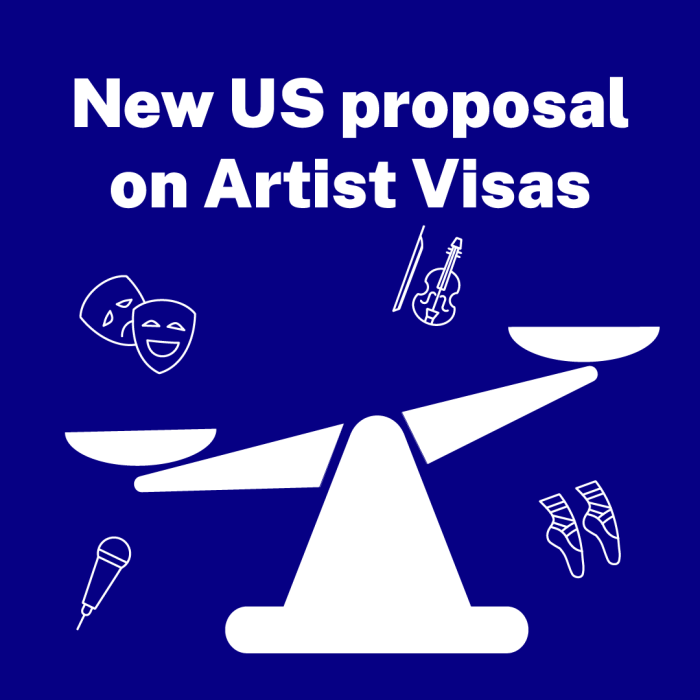 A balance scale weighs various art symbols (theatre masks, a violin, ballet shoes). Text: 'New US proposal on Artist Visas'.