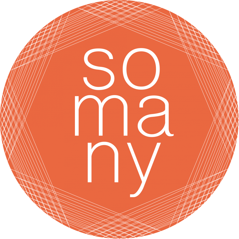 Logo for Somany - name split into three two-letter lines, contained in an orange circle framed with white threads (looks like a ball of wool).