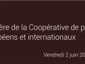 black background with red and white logos and the following text in white: plénière de la Coopérative de projets européens et internationaux