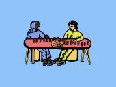 An illustration, a plain blue background with two people playing a game at a long thin table. Both are dressed in full covering clothing, one in blue, one in yellow.