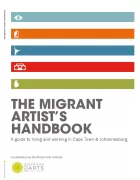 The cover of the migrant artist's handbook bears colourful stripes in teal, orange, red and green, with icons representing different activities.