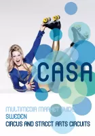 Cover for the CASA guide to Sweden. Photo of the performer Angela Wand lying down in a glamour pose, legs aloft and wearing roller skates.