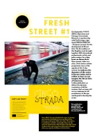 Cover for Fresh Street publication. Title/intro text around a photo of a woman bending over backwards on a train platform as a train slams by.