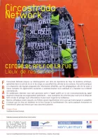 Cover for Circostrada residency directory. Shows two figures in high-vis safety vests putting up a poster which shows a cloud of overlapping words.