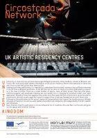 Cover for residency centre publication. Close up of pair of feet (plus lower legs) walking a tight rope, theatre seating blurry in the background.