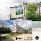Composite image showing various angles of the Cité internationale des arts - white Parisian stone buildings in leafy surroundings.