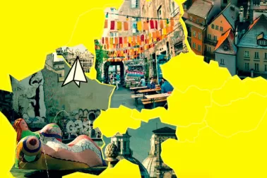 Promo image for Culture Backstage - a partial European map where the shapes of the countries are filled in with various urban outdoor photos.
