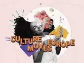 Culture Moves Europe - a smiling woman leans to the side as her head explodes with cultural emblems.
