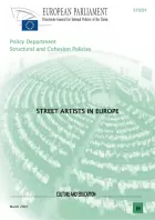 Title 'Street Artists in Europe' over washy green pic of a lecture hall or parliament arranged in concentric rings.