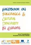 Cover for Handbook on Tolerance and Cultural Diversity in Europe. Title written in hand lettering in different bright colours.