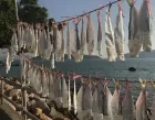 By the sea, fish hang from two lines, tied on with red twine by their tails. The heads are covered with paper or cloth, presumably to prevent them rotting.