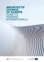 Cover for Architects' Council of Europe Guide to Working Internationally. Title on computer image of vector shape looking like a sand dune.