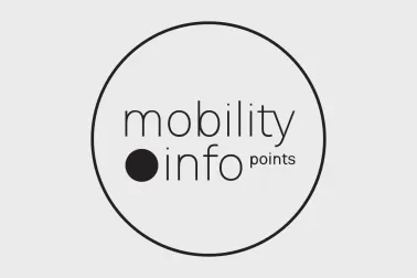 Mobility Info Points logo - has the words contained in a large circle, with a smaller dark point inside it.