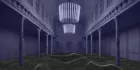 An ornate hall with pillars and a chandelier is filled with digital waveforms, like a virtual sea.