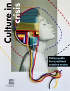 Cover for Culture in Crisis. Black and white profile shot of a woman; a colourful design in woven threads is laid over the top, matching the lines and curves of her head.